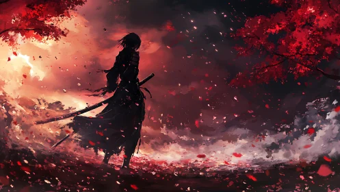 Lone samurai watches storm of red leaves at dusk.