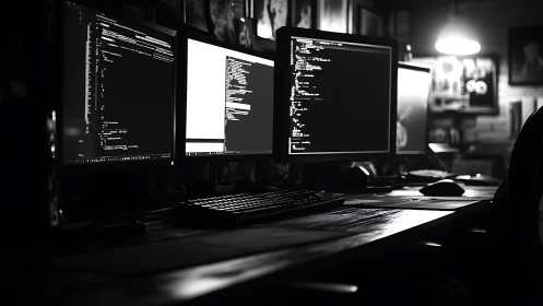 Monochrome multi-monitor coding workstation in low-key lighting.