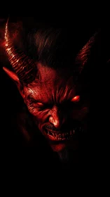 Demonic red horned face emerges from darkness with fiery glow
