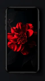Smartphone Display of Crimson Dahlia Against Obsidian Background.