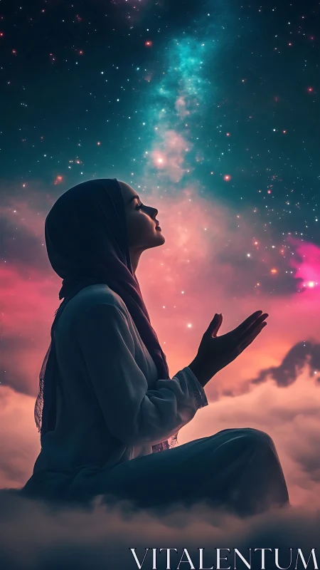 Woman in prayer sits on clouds under glowing cosmic sky