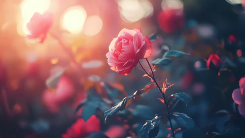 Pink Rose Glowing in Golden Sunset Light and Bokeh