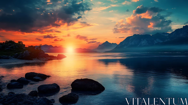 Sunset over calm lake with distant mountains and rocks.