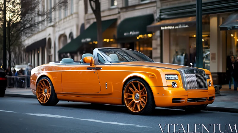 Photorealistic orange luxury convertible with urban street backdrop.