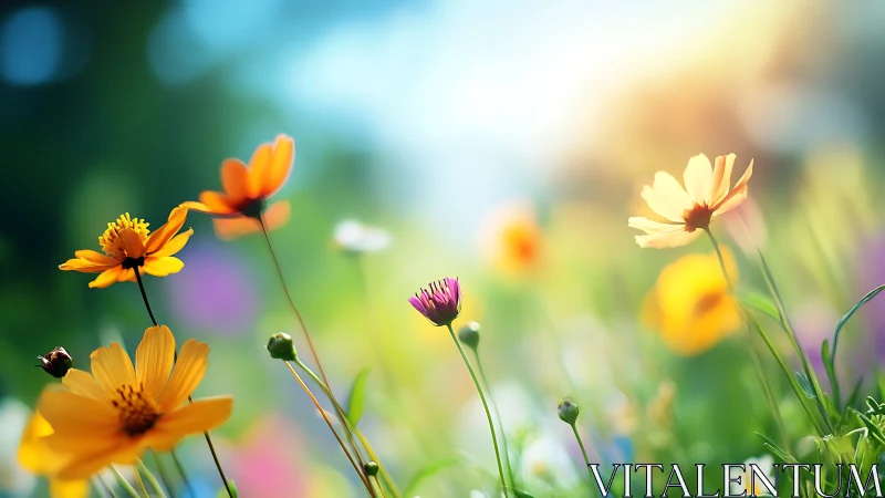 Wildflower Meadow in Bloom. Golden and Purple Petals.