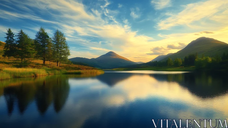 Sunlit mountain lake mirrored beneath luminous skies.