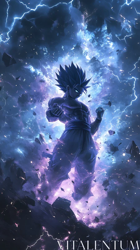 Powerful anime warrior rising in a storm of blue energy.
