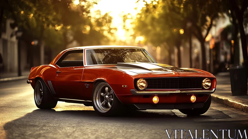 Orange muscle car glows under golden downtown sunset light.