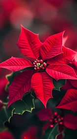 Vibrant red poinsettia macro with soft festive bokeh.