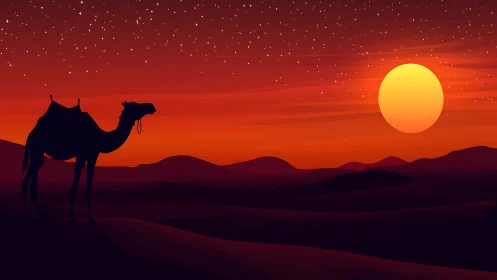 Camel silhouette under desert sunset sky panorama.