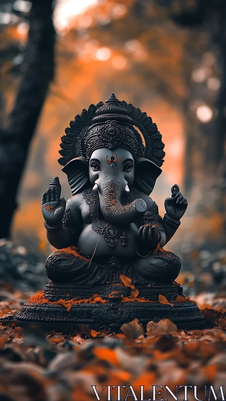 Ganesh idol amid autumn forest bokeh, serene focus.