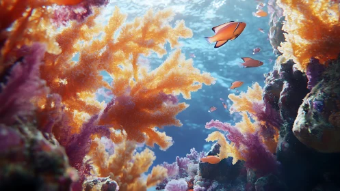 Underwater coral reef scene shows fish swimming through light