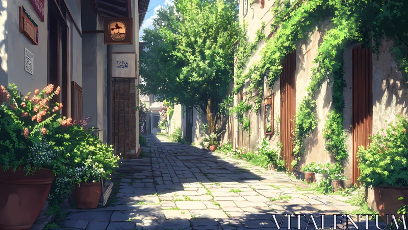 Sunlit cobblestone alley with dense climbing vegetation rendered.