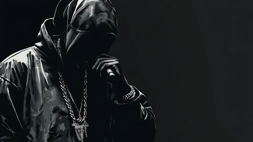 Hooded rapper silhouette holds microphone under stark light