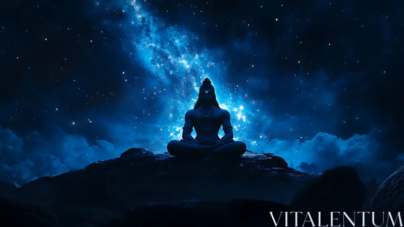 Cosmic meditation silhouette before luminous star nebula sky