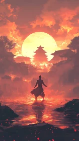 Silhouetted figure facing pagoda at sunset over water.