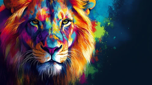 Multicolor stylized lion portrait on dark blue background.