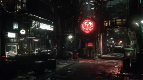 Dimly lit cyberpunk interior shows industrial workstations