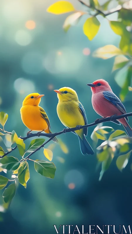 Chromatic songbirds on branch in soft teal bokeh grove.