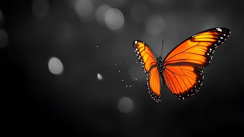Vivid monarch butterfly glows against soft monochrome bokeh.