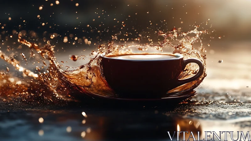 Coffee cup with dynamic splash captured in warm light.