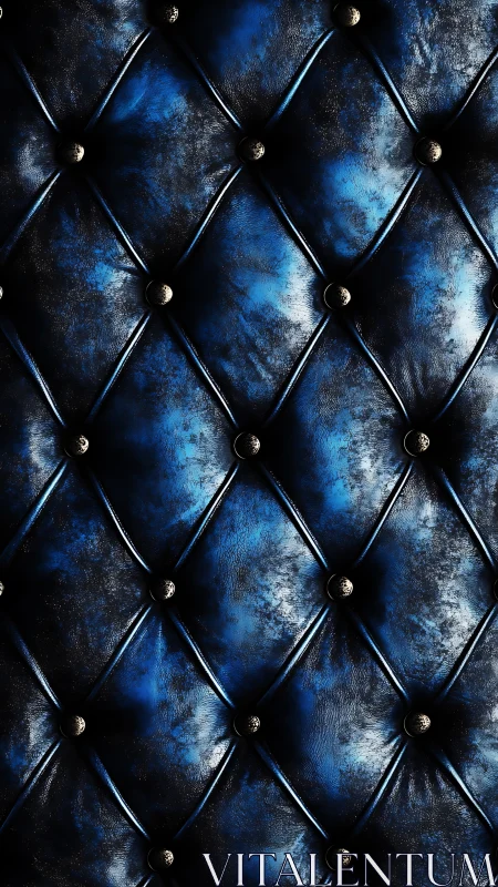 Midnight blue tufted leather upholstery in moody light.