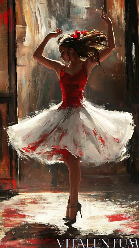Female dancer in red and white dress on abstract stage scene.