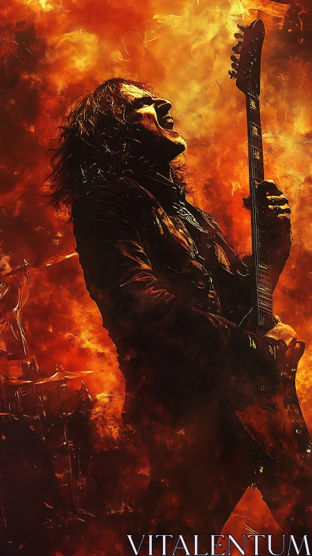Firelit rock guitarist in blazing, dynamic performance scene.