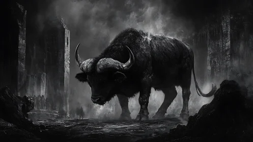 Colossal horned beast dominates ruined monochrome citadel.