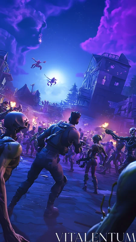 Fortnite heroes battle dense undead horde under neon night sky