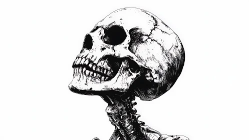 Ink-carved skull gazes upward in stark skeletal reverie.