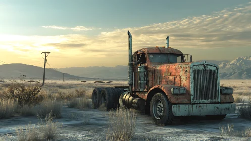 Rust-streaked desert hauler waits quietly beneath pale sunrise