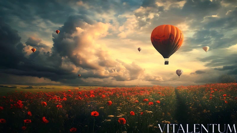Hot air balloons drift over glowing poppy fields at dusk