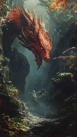 Crimson dragon confronts lone figure in volumetric forest chasm