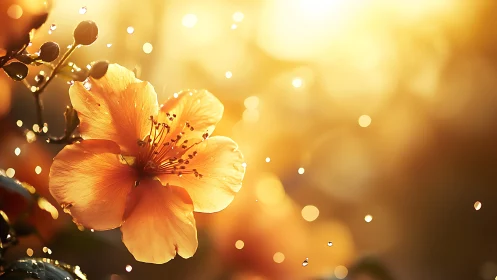 Golden hibiscus blooms aglow with soft bokeh lighting.