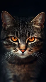 Feline Portrait with Amber Eyes Against Dark Backdrop