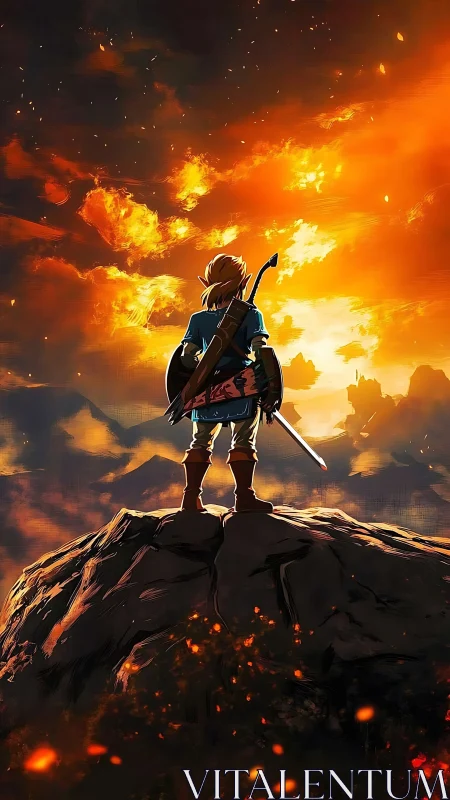 Heroic silhouette under blazing cinematic sunset sky.