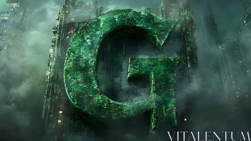 Giant Green Stone G in Futuristic Misty Cityscape, Digital Art.