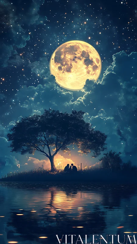 Moonlit lakeside couple share a quiet, dreamlike moment.