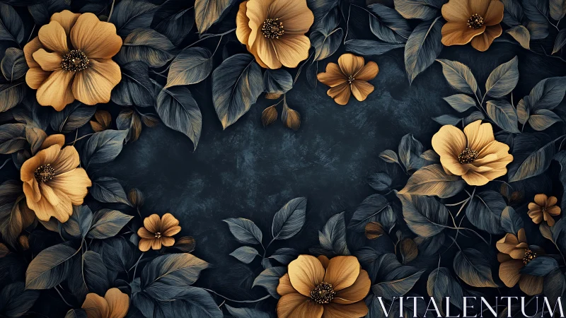 Golden Florals Against Textured Charcoal Ground with Layered Botanical Elements