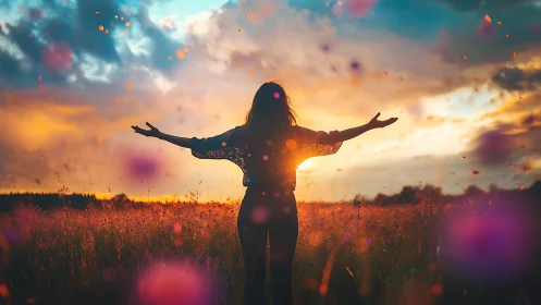 Silhouette stands in field with arms extended at sunset