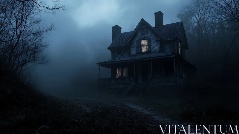 Old wooden farmhouse glows softly through dense night fog