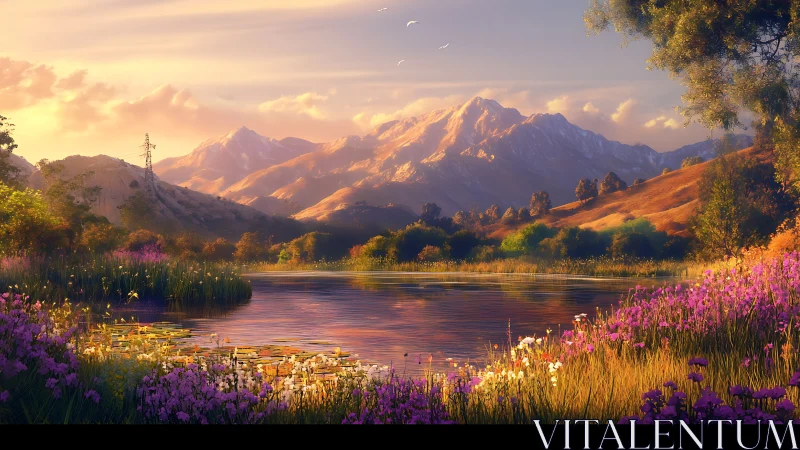 Sunlit alpine lake with wildflowers and layered mountains.