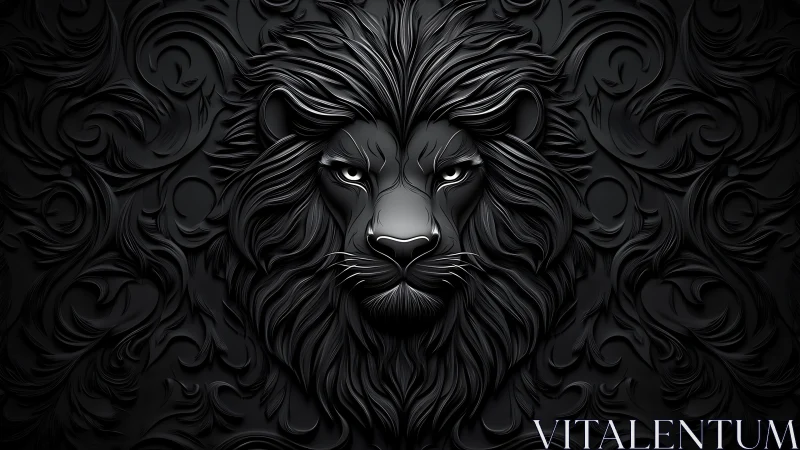 Monochrome relief lion head in intricate ornamental filigree.