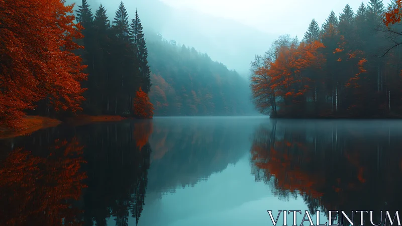 Fog-covered forest lake with symmetrical autumn reflections.