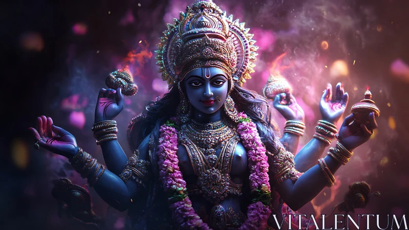 Hindu goddess statue rendered in vivid digital fantasy lighting