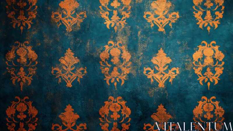 Burnished damask motifs dance across weathered teal twilight