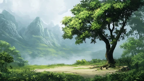 Mist-Veiled Valley: Ancient Tree Guards Emerald Sanctuary.