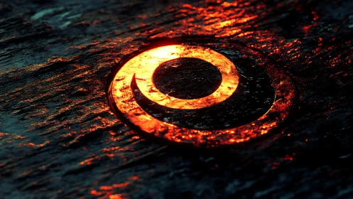 Glowing spiral emerges from dark textured surface in fiery abstraction.