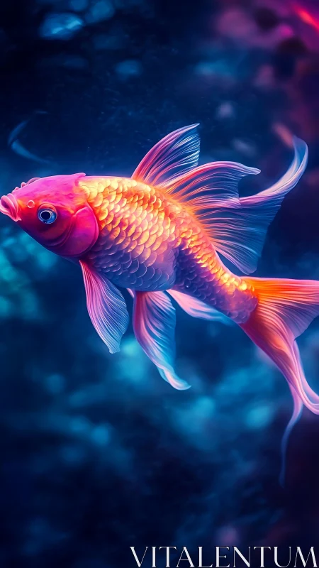 Vibrant neon goldfish glides through deep blue water
